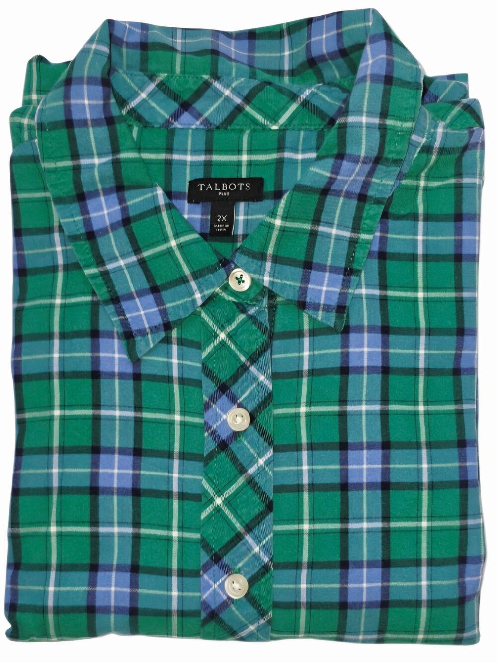 Talbots 2X Green Plaid Flannel Button Up Shirt Black Watch Outdoorsy Lumberjack